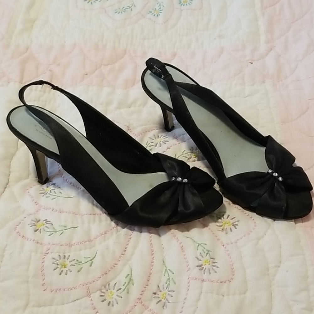 Black rhinestone trimmed sling shoes.  Size 10